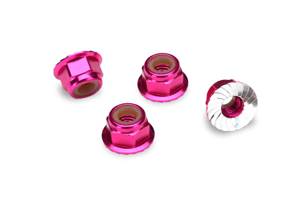 Traxxas Nuts, 4mm aluminum, flanged, serrated (pink) (4)