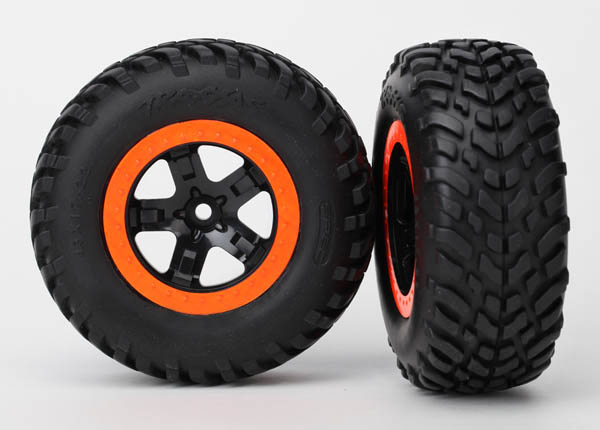 Traxxas Tire & wheel assy, glued (SCT black, orange beadlock whe